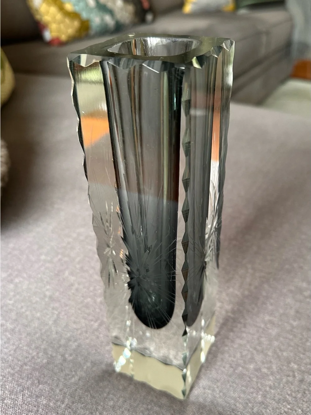 Gorgeous Cut Crystal Tall Flower Vase w/ Star Detail & Grey Accent Inside